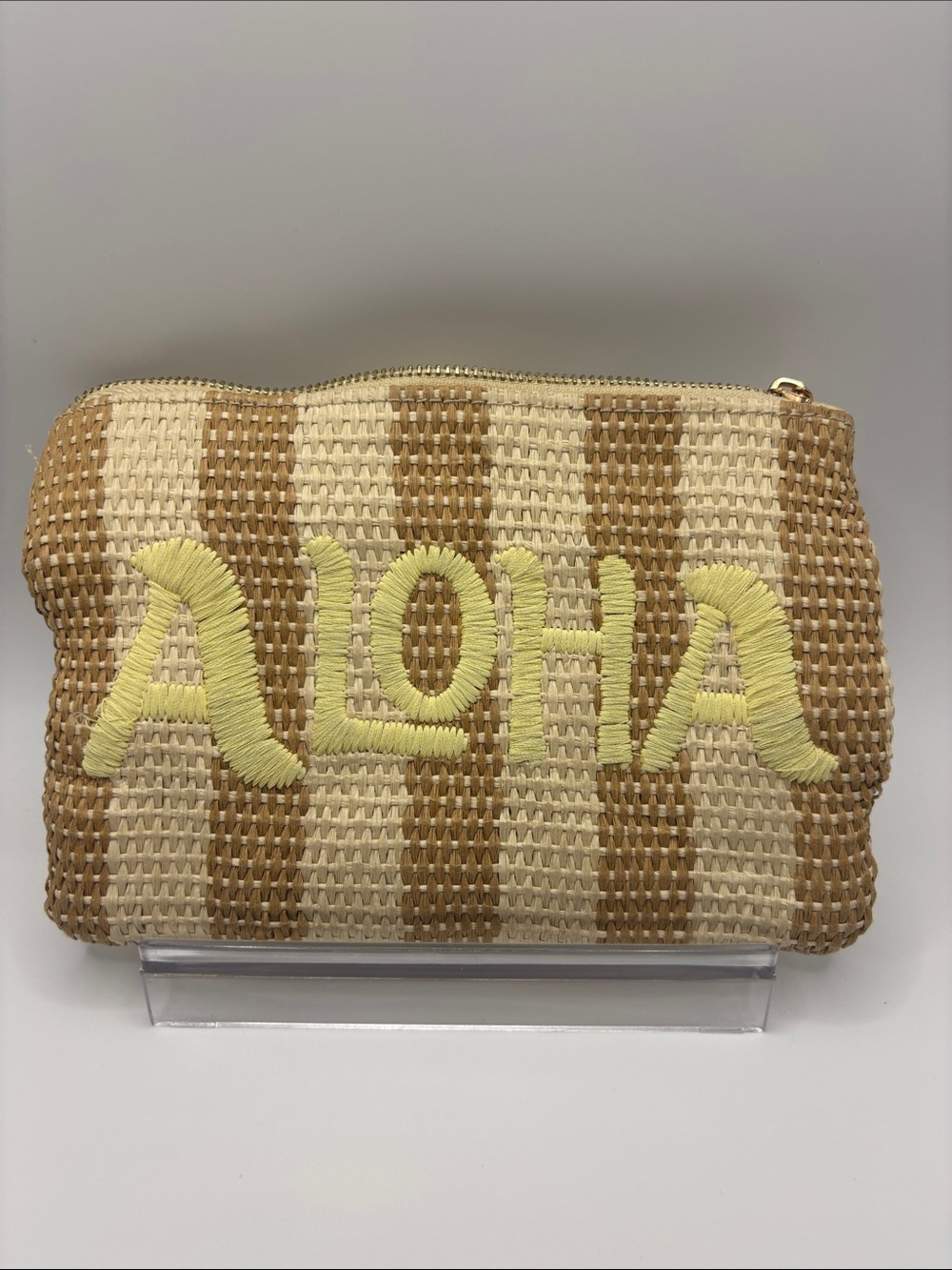 a new day Woven Straw Cosmetic Pouch with Yellow 'ALOHA' Embroidery